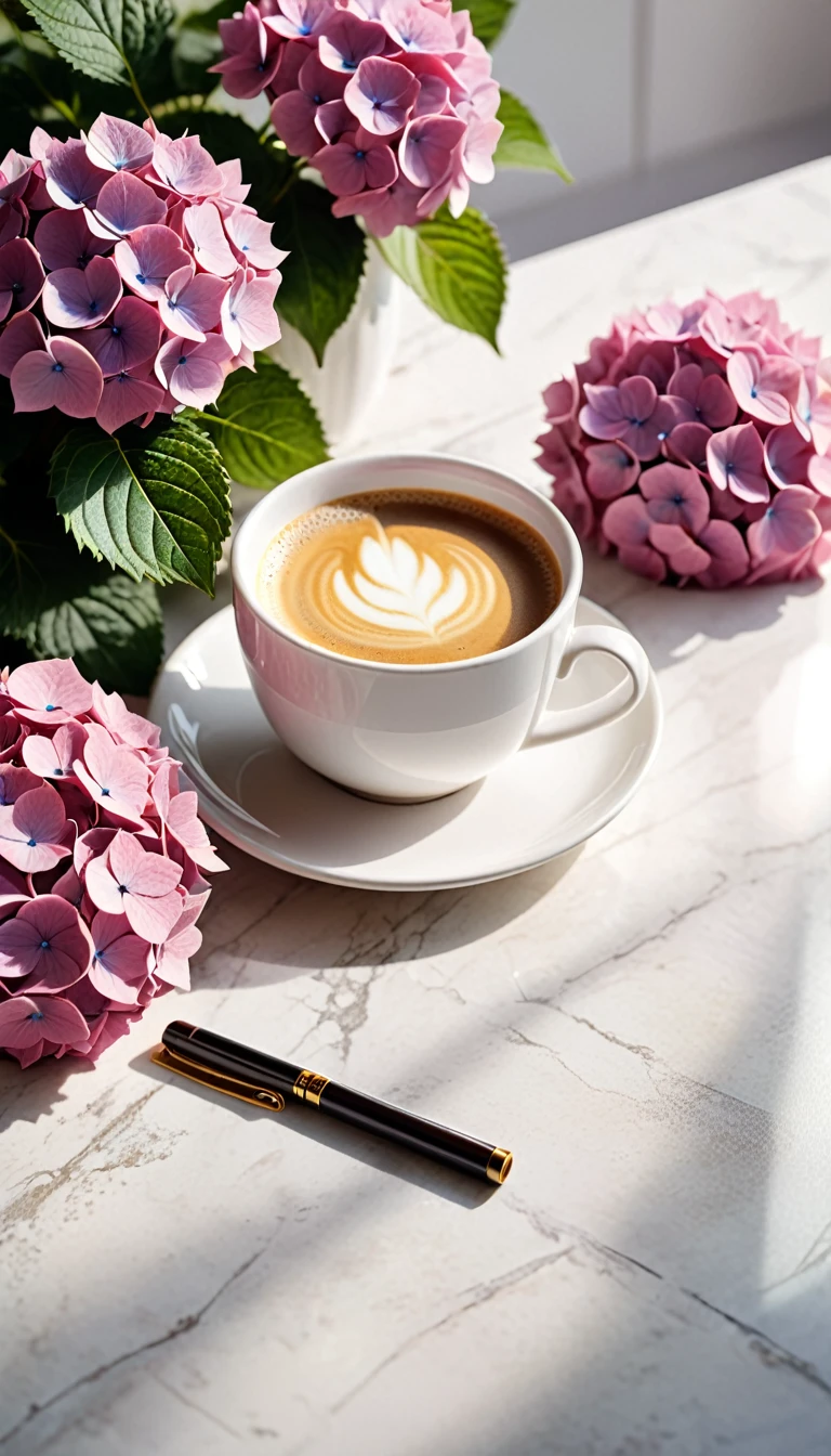 Best still life composition(best quality,4K,8K,High resolution,masterpiece:1.2),Super detailed,(Practical,photoPractical,photo-Practical:1.37),latté(clear focus、obvious)There is slight smoke in the white ceramic cup.Artist coffee impression.White sweater with clear texture,Wrinkles arranged randomly...Sophisticated and elegant.A bouquet of bright hydrangeas in pastel pink tones laid out flat from above(Lying flat on the table.From top to left.Make space on your desk)..Modern style cafe bokeh background.Super detailed.(Super quality,Super detailed,Ultra-complex,Extremely complex)Soft and natural light and shadow.Reverse fragrance.no humans.Ultra wide angle, (Detailed texture),Background covered with film grain, natural soft light,(Morning Scene.warm sunshine in the morning)Ray tracing, Vignette, Wide-angle lens, Ultra wide angle, best qualitycinematic lighting, Depth of Field, outer boundary, Negative space, Letterbox header image