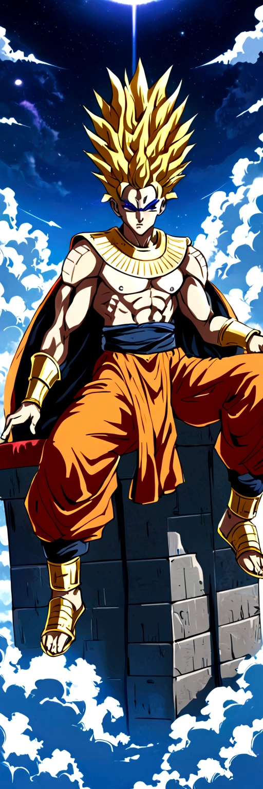 Divine egyptian king dressed in robes and gold accessories,  sitting on a throne mad of clouds in the sky , made like a dragon ball super character 