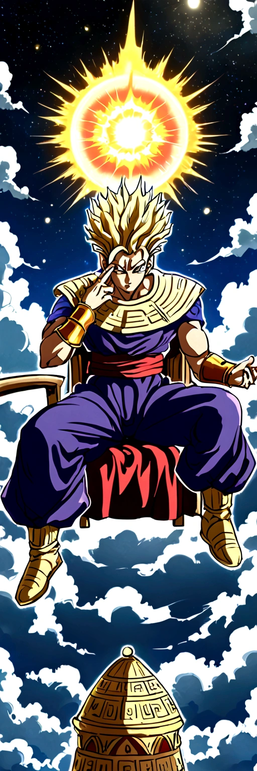 Divine egyptian king dressed in robes and gold accessories,  sitting on a throne mad of clouds in the sky , made like a dragon ball super character 