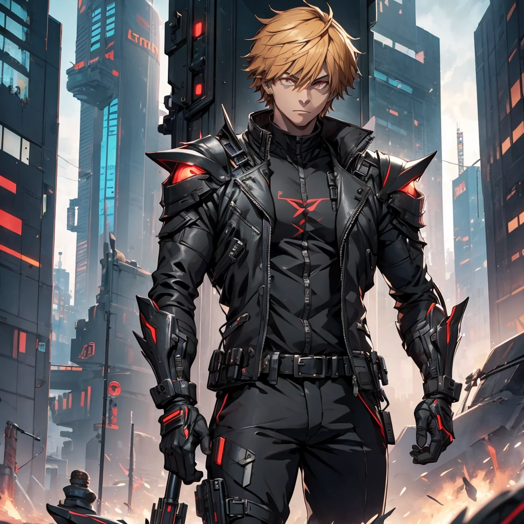 male character. in black clothes. in a futuristic setting. strong. wears futuristic cyberpunk-style armor.