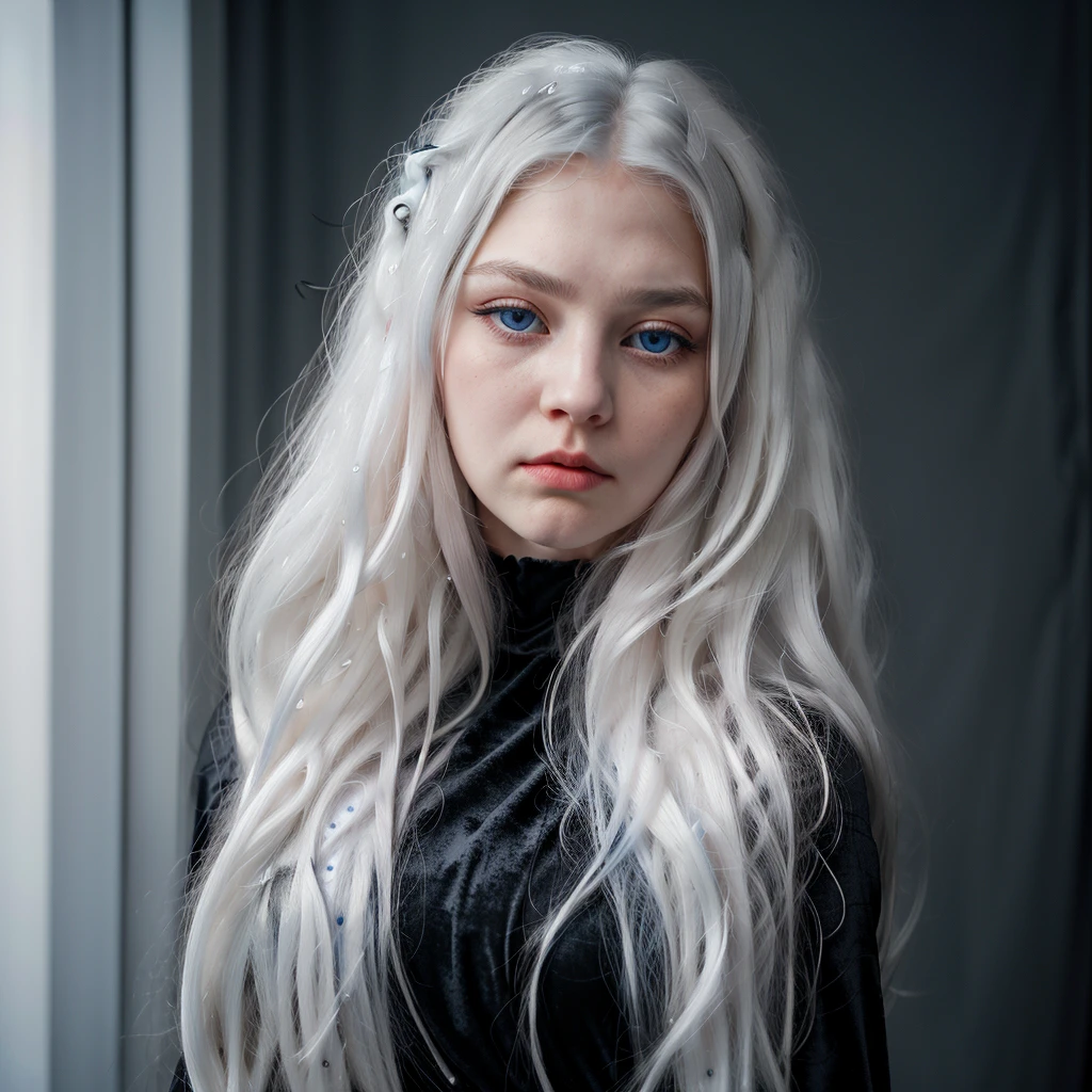 1girl, solo, tall, long hair, snow-white hair, wavy hair, long eyelashes, blue eyes, no pupils, black velvet dress, thoughtful look, blue fan, mouth closed, serious face, drooping eyelids, black crown