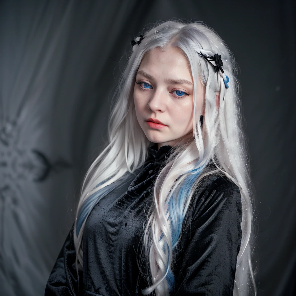 1girl, solo, tall, long hair, snow-white hair, wavy hair, long eyelashes, blue eyes, no pupils, black velvet dress, thoughtful look, blue fan, mouth closed, serious face, drooping eyelids, black crown
