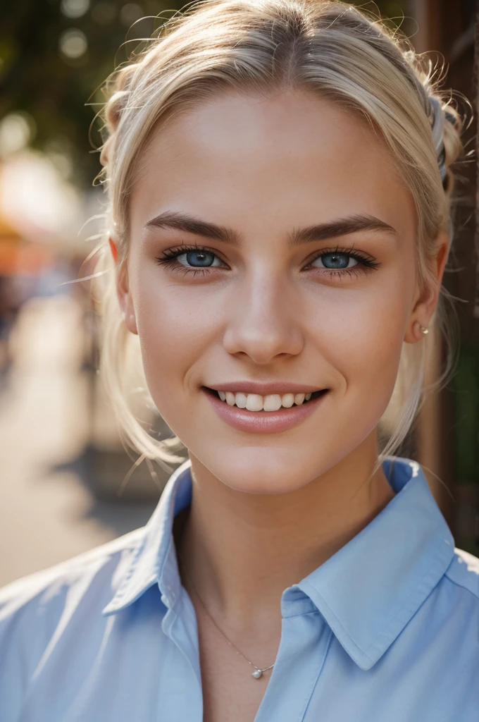 gorgeous, beautiful, 21 years old scandinavian, white hair in a bun, best portrait photo ever, men magazine portrait, beautiful smile, perfect teeth, seductive, flirty, face photo, in disneyland, disneyland background in summer, smiling, beautiful blue shirt, detailed skin, realistic, photo-realistic, 8k sharp focus, highly detailed, full length frame, High detail RAW color art, piercing, diffused soft lighting, shallow depth of field, sharp focus, hyperrealism, cinematic lighting