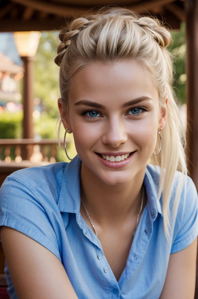 gorgeous, beautiful, 21 years old scandinavian, white hair in a bun, best portrait photo ever, men magazine portrait, beautiful smile, perfect teeth, seductive, flirty, face photo, in disneyland, disneyland background in summer, smiling, beautiful blue shirt, detailed skin, realistic, photo-realistic, 8k sharp focus, highly detailed, full length frame, High detail RAW color art, piercing, diffused soft lighting, shallow depth of field, sharp focus, hyperrealism, cinematic lighting