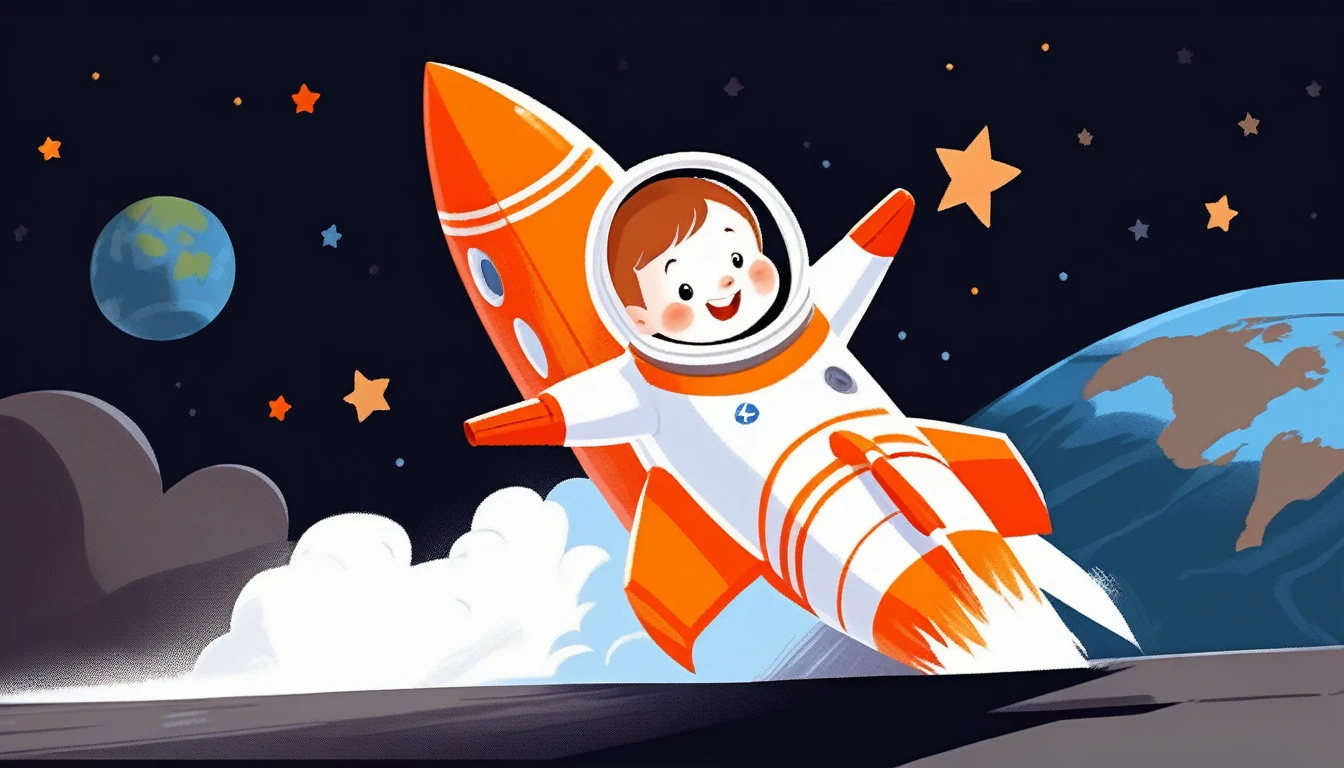 children's picture books,crayon paintings,black background,simple background, A on a rocket, facing the camera, happy, orange uniform, urss, slowly approaching, with high definition and quality,