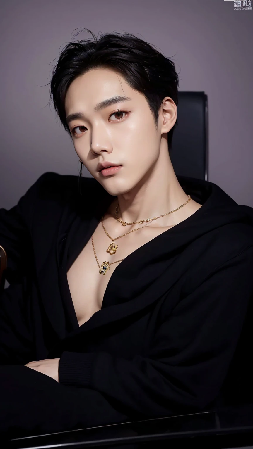 a closeup of a person sitting in a chair wearing a necklace, cai xukun, jia, hyung tae, mark lee, delicate androgynous prince, jin kim, hong june hyung, hsiao-ron, Yanjun Chengt, beautiful androgynous prince, kim taejin, jinyoung shin, Shiny from the rain, hyung tae kim, kai exo, EXO, JONGIN EXO, KIM JONG-IN