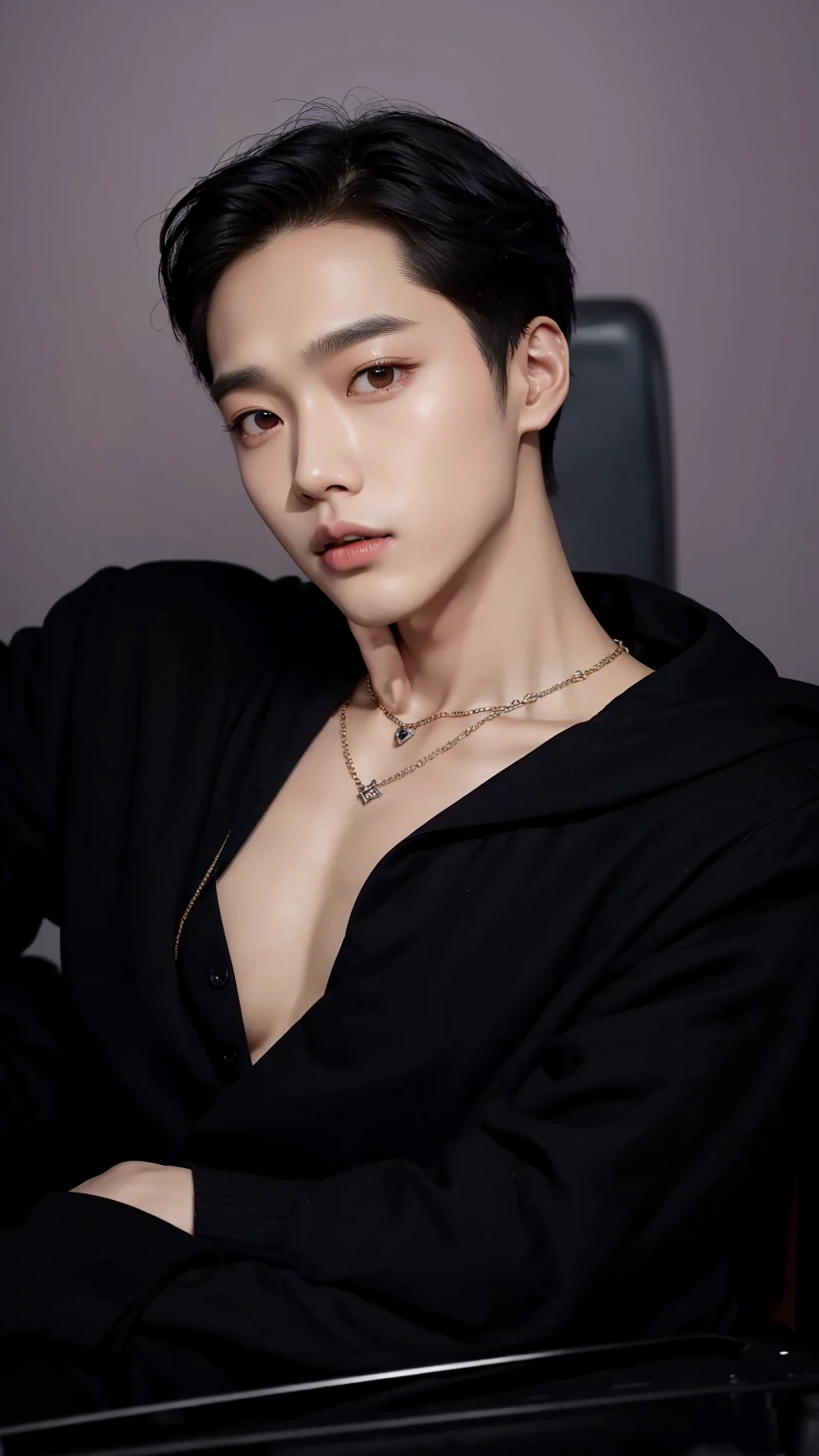 a closeup of a person sitting in a chair wearing a necklace, cai xukun, jia, hyung tae, mark lee, delicate androgynous prince, jin kim, hong june hyung, hsiao-ron, Yanjun Chengt, beautiful androgynous prince, kim taejin, jinyoung shin, Shiny from the rain, hyung tae kim, kai exo, EXO, JONGIN EXO, KIM JONG-IN