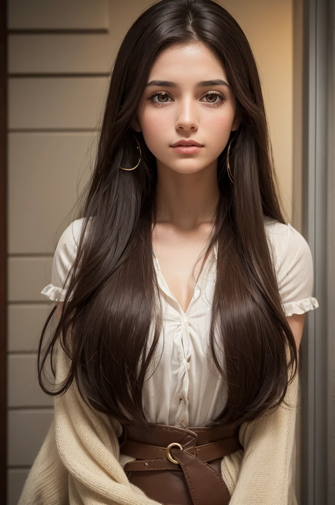 a young psychology student, de 1,63cm tall, com 78kg,brunette with long dark brown hair, with dark brown eyes and an appearance that resembles a gypsy. She has a natural sensitivity and keen intuition, characteristics that help her deeply understand the emotions of those around her. Isabela is lively and dreamy, believing in the power of positivity and the transformative potential of psychology to promote personal growth and emotional healing. Your special connection with nature is evident in your daily routine, where he spends time meditating outdoors and practicing spiritual rituals. Determined to unite her interests in the human mind and the spiritual world, Isabela seeks to become a psychologist who doesn&#39;t just listen, but also guides his patients on journeys of self-discovery and emotional well-being.