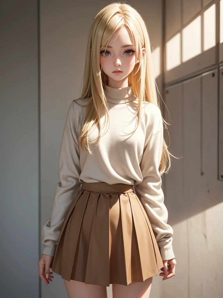 (best quality), 1girl, female, porcelain skin, blonde hair, straight hair, medium hair, swoopy tips, Flipped-up ends, brown eyes, perfect eyes, slender, , sweater, skirt, small bust, shy, masterpiece, anatomically correct, highres
