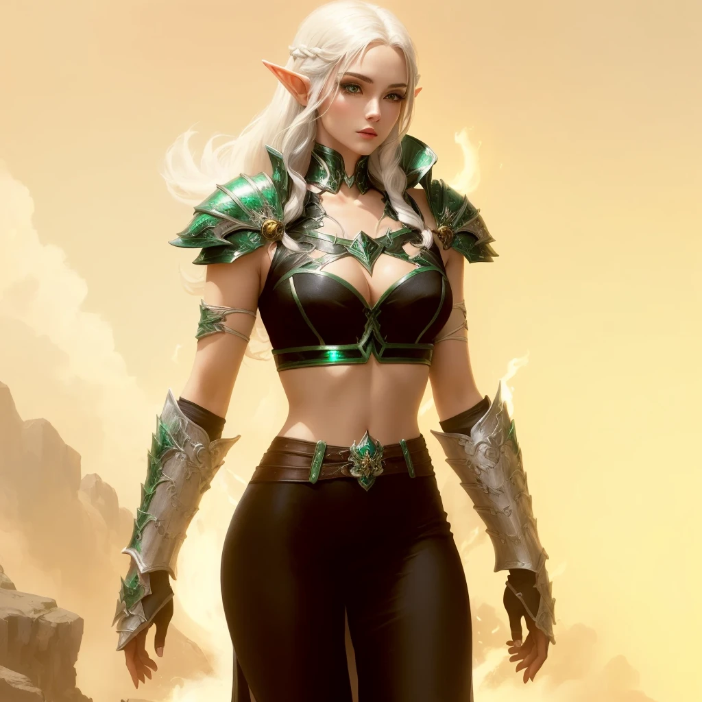 there is a woman with a white hair and a green and black outfit, a blonde emerald warrior, clothed in ethereal battle armor, sleek glowing armor, alluring mesmer woman, wearing shiny breastplate, sleek bright white armor, fantasy outfit, from guild wars, warrior outfit, dressed like a cleric, sleek white armor, female elf, wearing sleek armor, beautiful braided long white hair