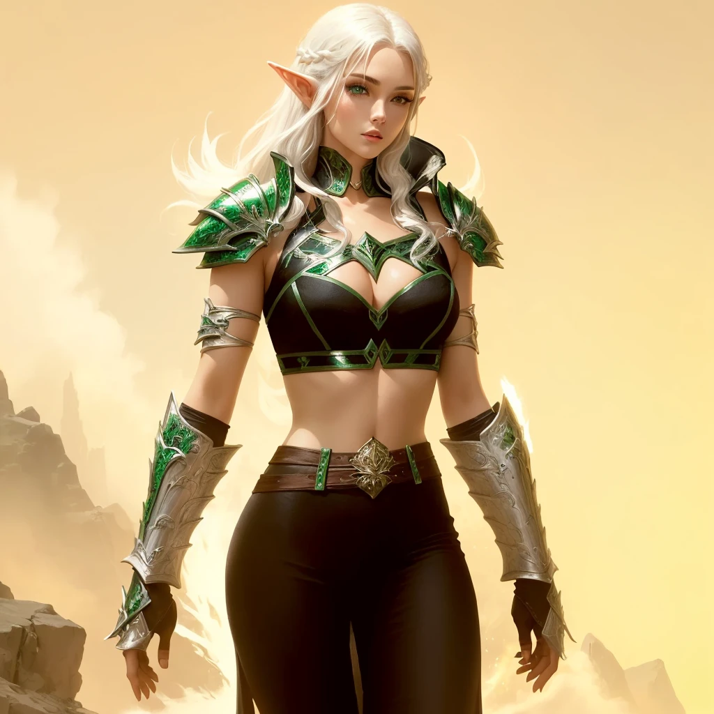 there is a woman with a white hair and a green and black outfit, a blonde emerald warrior, clothed in ethereal battle armor, sleek glowing armor, alluring mesmer woman, wearing shiny breastplate, sleek bright white armor, fantasy outfit, from guild wars, warrior outfit, dressed like a cleric, sleek white armor, female elf, wearing sleek armor, beautiful braided long white hair