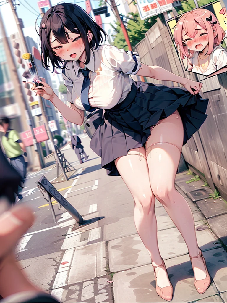 (((pussy juice:1.5,ahegao, blush))),Are standing, Navy pleated skirt, On the way to school, blush
