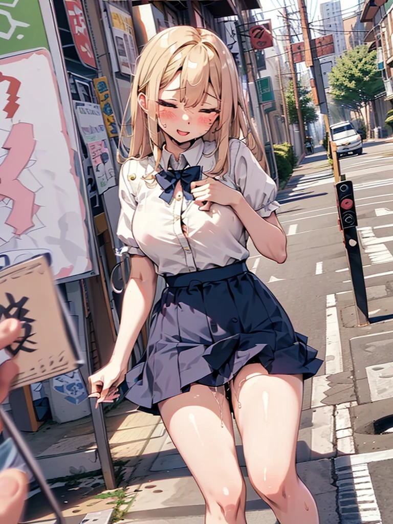 (((pussy juice:1.5,ahegao, blush))),Are standing, Navy pleated skirt, On the way to school, blush
