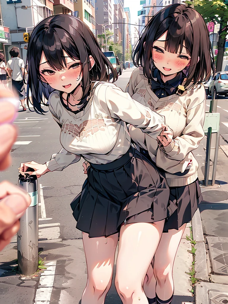 (((pussy juice:1.5,ahegao, blush))),Are standing, Navy pleated skirt, On the way to school, blush