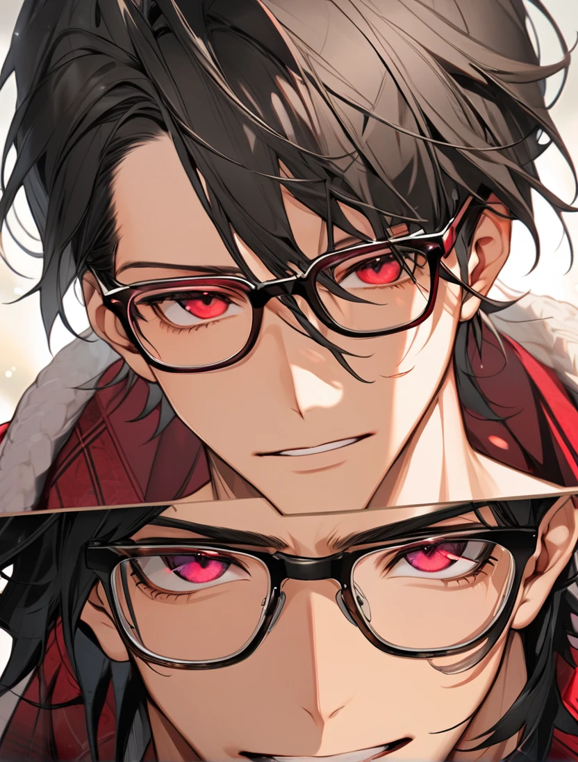 (Black_Hair), (red_ruby_eyes), (Handsome), (attractive), (perfect_face), (male), (close_up_shot), (detailed_eyes), (detailed_hair), (clean_hair), (smug), (sharp_eyes), (vertical_pupils), (wears_glasses)