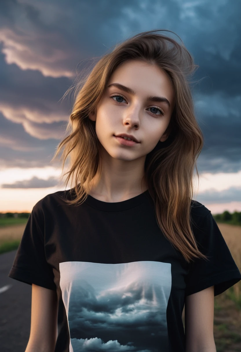Selfie photo of skinny young teen female, medium dark blonde hair, white skin, looks in camera, photography, black t-shirt, cinematic, fashion photo, beautiful dusk sky, clouds, best quality, professional