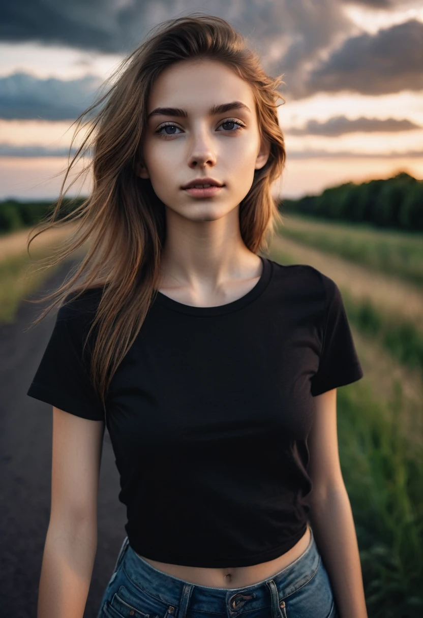 Selfie photo of skinny young **** female, medium dark blonde hair, white skin, looks in camera, photography, black t-shirt, cinematic, fashion photo, beautiful dusk sky, clouds, best quality, professional