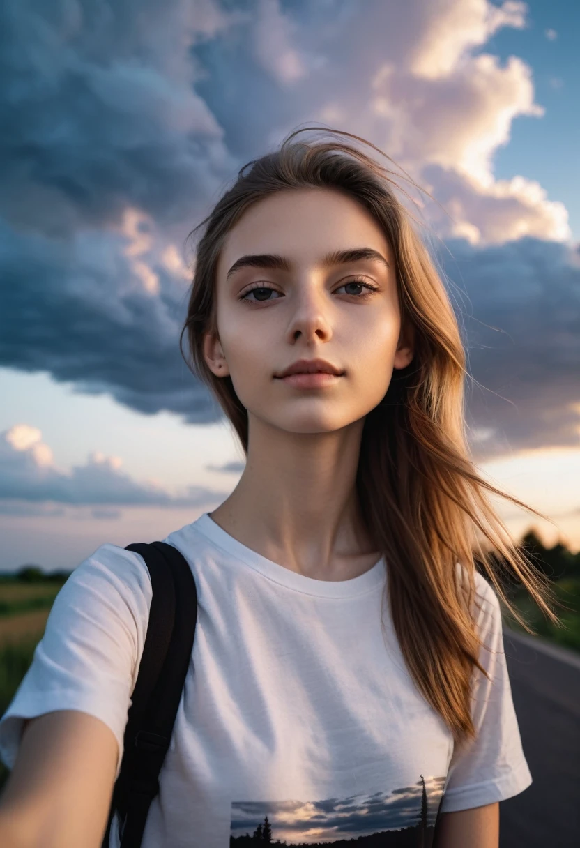 Selfie photo of skinny young teen female, medium dark blonde hair, white skin, looks in camera, photography, black t-shirt, cinematic, fashion photo, beautiful dusk sky, clouds, best quality, professional