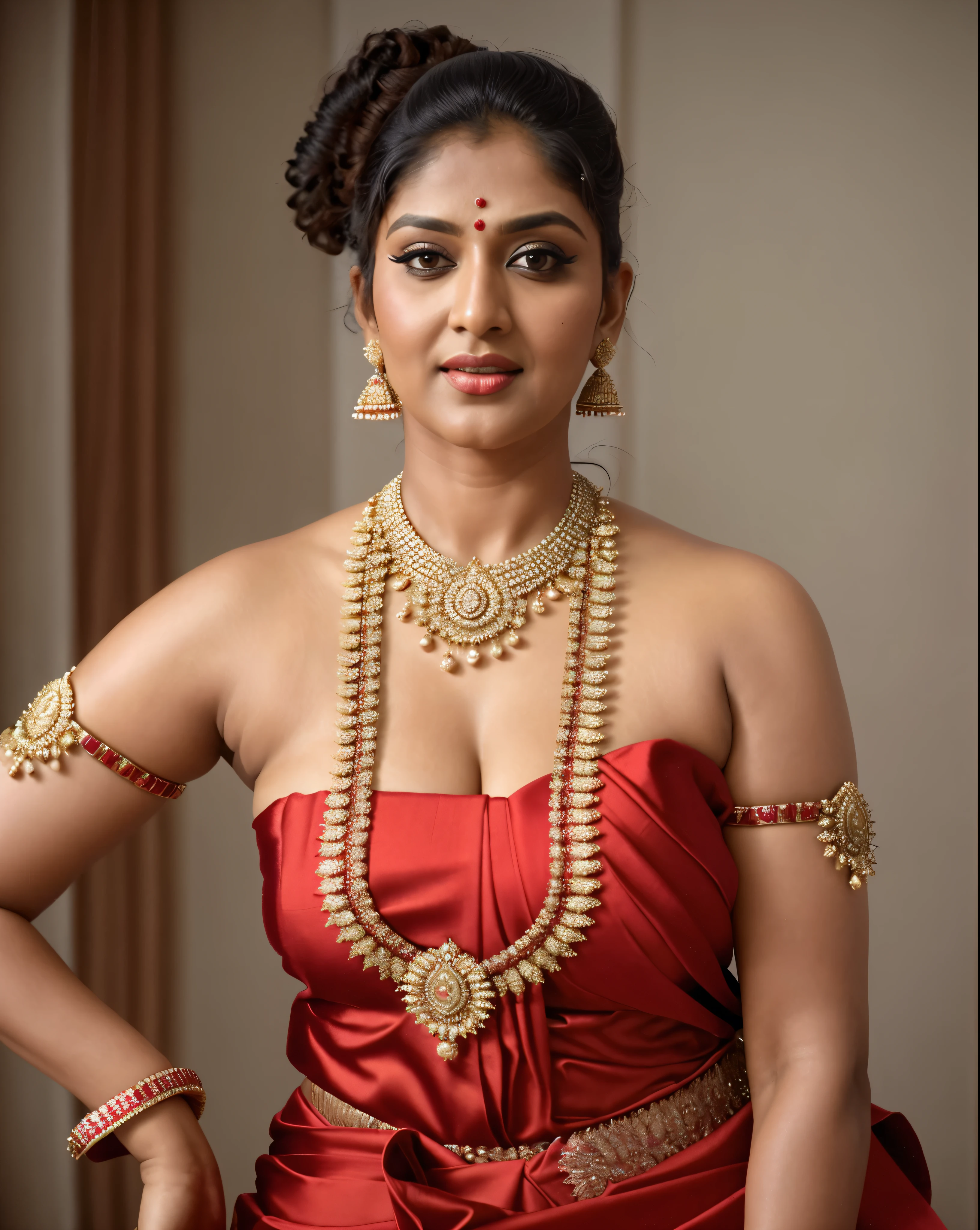 Wearing a sexy satin saree with strapless Bra, sexy Indian housewife, Looks like Indian Actress Nayanthara, actress Nayanthara, mallu, mallu aunty, desi aunty, full figured mature beauty,  sweaty skin , shining skin, sweat, attractive figure, 48 years old, spicy hot, desi milf, desi aunty, a close up of a woman in a red dress in a bedroom, inspired by Avigdor Arikha, sleek!!!, indian super model, wavy hair combed to one side, actress, by Jitish Kallat, smoldering, intense smoldering, fashion, an angel, print ready, with a dramatic looking, inspired by Sudip Roy, seductive look, sexy Saree queen, sexy Saree fashion, seductive Saree,  wear saree, sizzling hot Beauty, red juicy lips, sexy navel folds, fleshy body, curvy beauty, beautiful deep navel, detailed hairy armpits, 