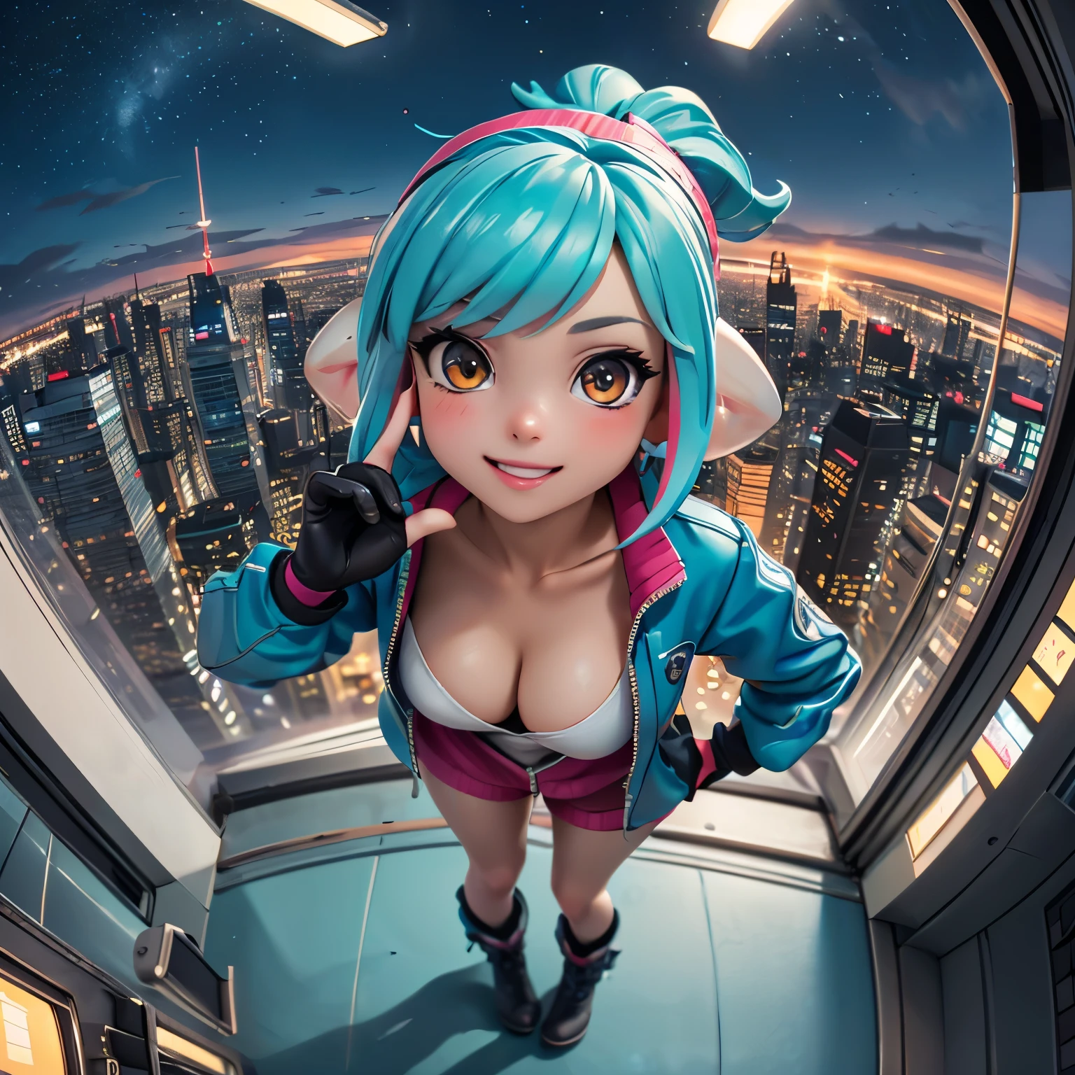 (masterpiece:1.2), Highest quality,Realistic, High resolution、
Cyber World,One Splatoon girl, Letterbox, alone, Golden Eyes、smile、blush、A slightly thinner face、Golden tentacle hair, Big Breasts、Cleavage、scenery, short hair, Jacket, sf, Holding, Holographic interface, The tallest building observation deck、Outdoor、((Miniature city))、A small looking town、City wide angle、city, blue Jacket, Fingerless gloves, city lights, Girl looking at the city below, cityscape, boots, building, night, Angle from above、Dynamic Pose、Fisheye Lens、Real Anime、3d、
xuer flies over