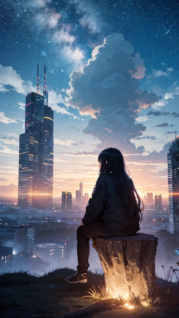 octans, sky, star (sky), scenery, starry sky, night, 1girl, night sky, solo, outdoors, building, cloud, milky way, sitting, tree, long hair, city, silhouette, cityscape