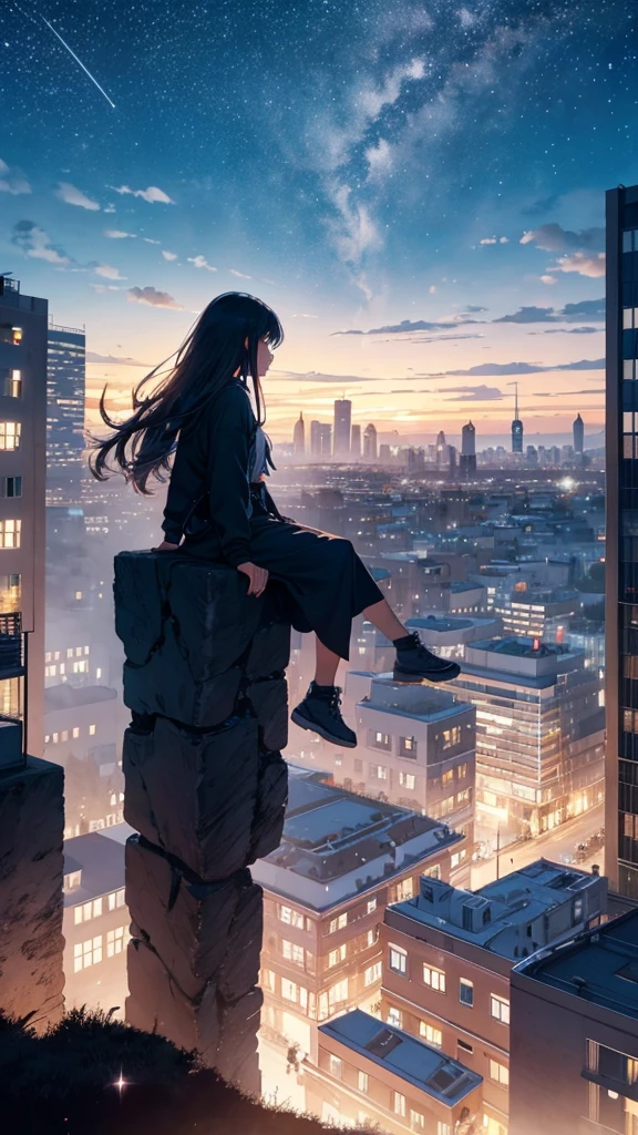 octans, sky, star (sky), scenery, starry sky, night, 1girl, night sky, solo, outdoors, building, cloud, milky way, sitting, tree, long hair, city, silhouette, cityscape