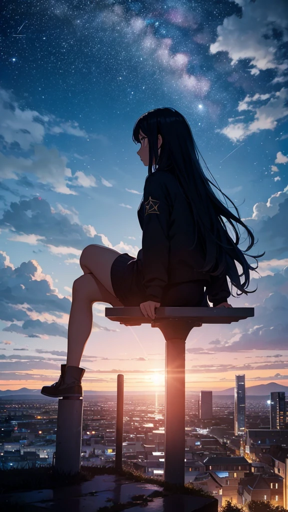 octans, sky, star (sky), scenery, starry sky, night, 1girl, night sky, solo, outdoors, building, cloud, milky way, sitting, tree, long hair, city, silhouette, cityscape