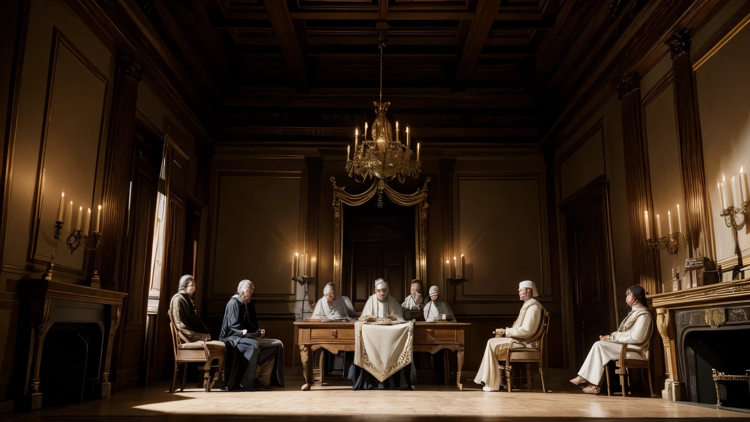 "King Philip IV of France in a meeting with his privy council, in a small windowless room, illuminated only by the light of several candles. Felipe IV, dressed in royal clothes and a crown, He is sitting on a carved wooden chair with velvet cushions. Around a sturdy wooden table, several advisors are meeting, dressed in medieval tunics and wool capes. The atmosphere is tense and serious, with counselors' faces showing concentration and concern as they discuss important matters.
Candlelight creates dancing shadows on bare stone walls, adding an air of mystery and gravity to the scene. King Felipe IV leans forward, your eyes fixed on an important document, while one of the counselors gets up to speak. The floor in the living room is made of aged wood., and the only sound heard is the occasional creak of wood and the low murmur of voices. In the background, a large muted stone fireplace adds a touch of solemnity to the austere atmosphere."