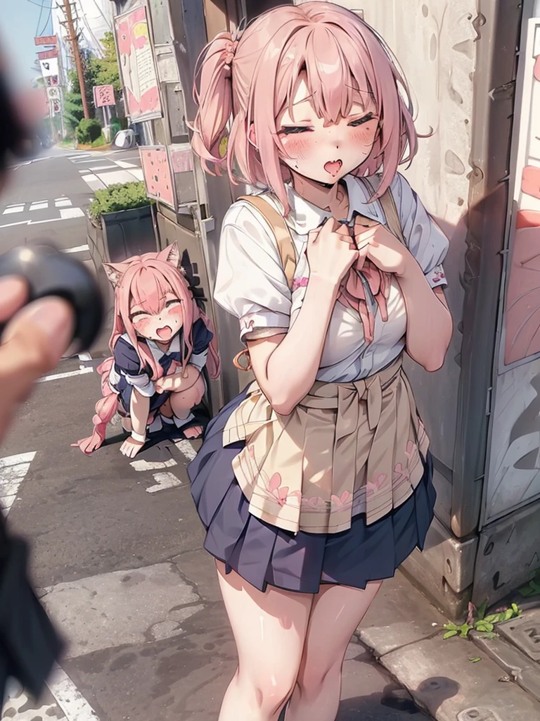 (((pussy juice:1.5,ahegao, blush))),Are standing, Navy pleated skirt, On the way to school, blush
