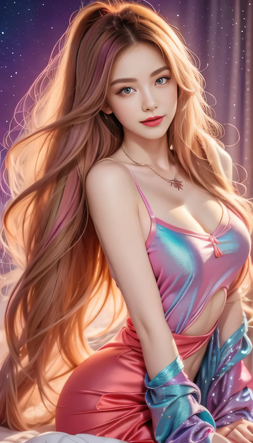Close-up of a woman with Colorful hair and necklace, Universe long hair anime girl, The soft vibrancy of Rossdraws, Guvez-style artwork, Fantasy art style, Colorful], Vibrant fantasy style, Rossdraws Vibrant cartoons, cosmic and Colorful, Gu Weiss, Colorful digital fantasy art, Stunning art style, Beautiful anime style, Full body lighting, Skin brightening, Sexy expressions