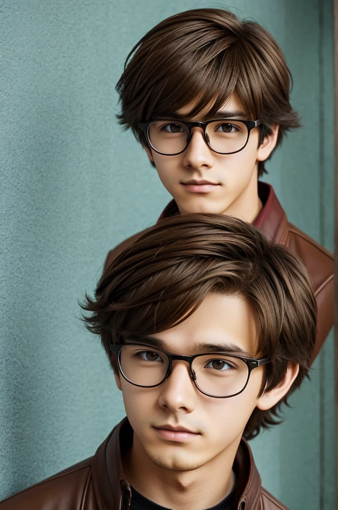 17 year old boy with brown hair and glasses anime style animation