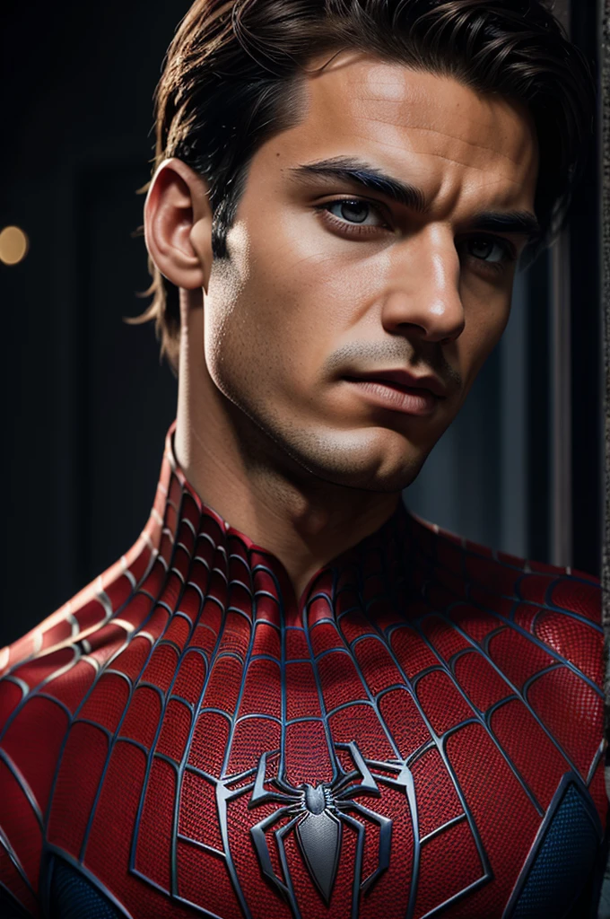A photograph of Spider-Man., sin mascara, the 20s, elegant, detailed face, looking to the camera, portrait, 8k hd, high quality