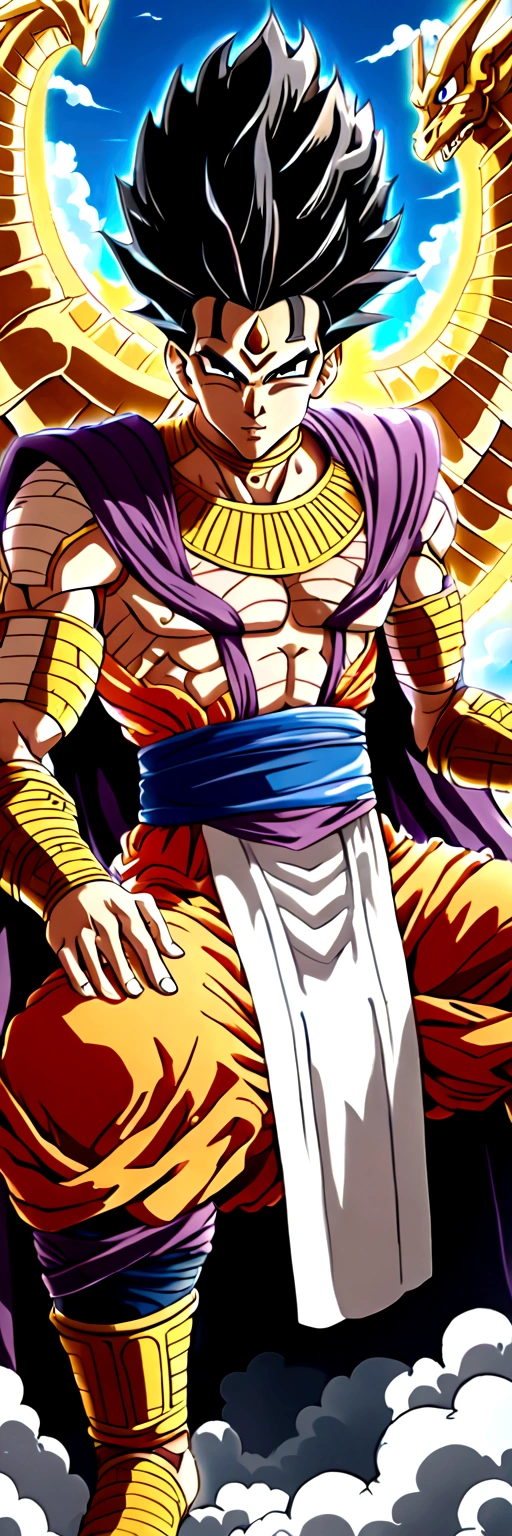 Divine egyptian king dressed in robes and gold accessories,  sitting on a throne mad of clouds in the sky , made like a dragon ball super character 