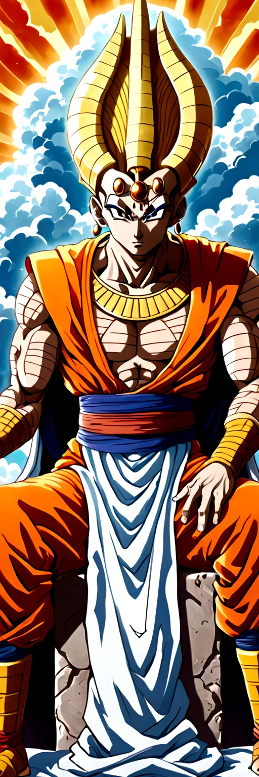 Divine egyptian king dressed in robes and gold accessories,  sitting on a throne mad of clouds in the sky , made like a dragon ball super character 