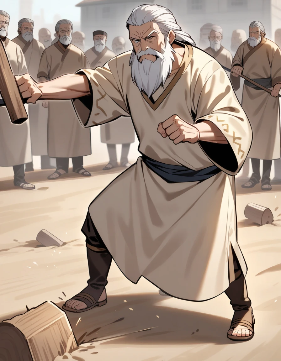 Old man with beard wearing ancient tunic, hitting a small wooden stake in the ground with a hammer
