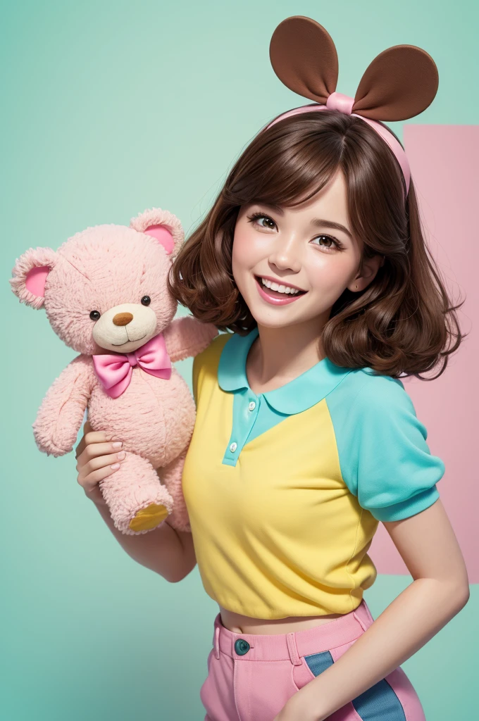 Funnily film character, disney pixar style,3d,with brown hair, dark brown eyes, pink bow, yellow blouse and blue shorts, Face with cheerful expression, light green skin, holding a teddy bear, white background 8k quality