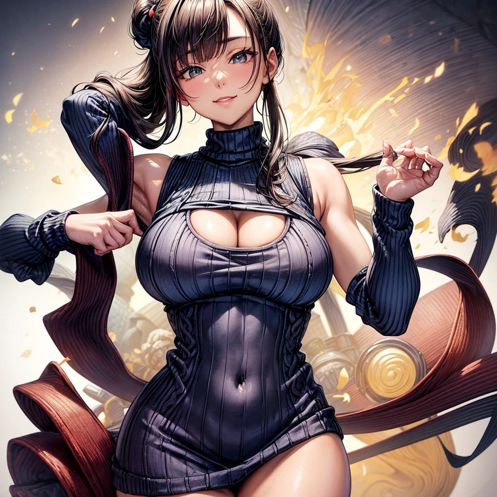 masterpiece, Highest quality, One girl, short ponytail、brack hair、virgin killer sweater, (sweater dress:1.2), ribbed sweater,sideboob,cleavage cutout, turtleneck sweater,(broen sweater:1.3),(crop top navel:0.8)、sleeveless,gentle smile、Very sexy、upper body,from front,huge breasts