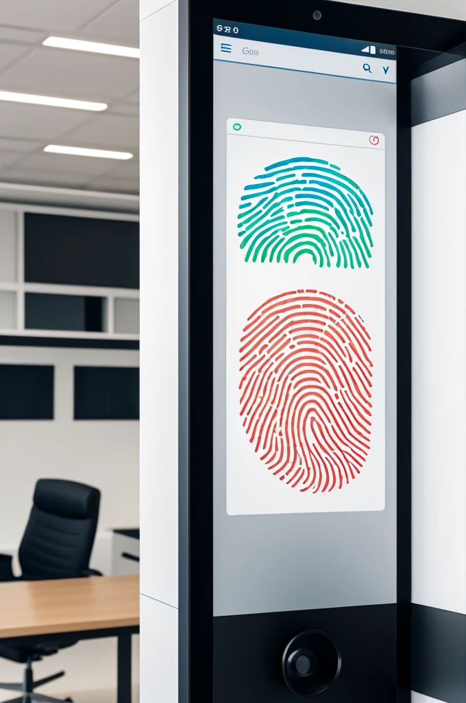 Fingerprint scanner, minimal design office, a office staff, a hand 