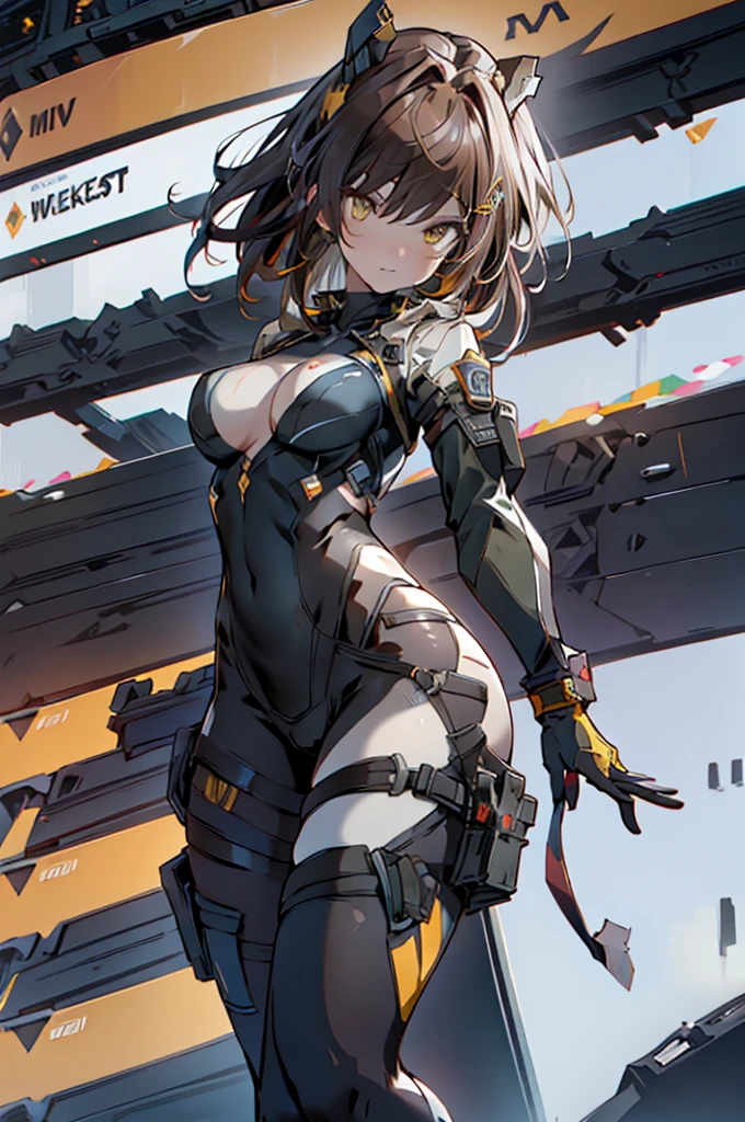 Lonely adult girl, Waist-length light brown hair, , Golden Eyes, Yellow Eyes, Beautiful Face, masterpiece, Highest quality, Expressive eyes, Perfect Face, Forehead protector, Short Heat Sword, , White rubber skin-tight suit, Yellow gloves, Full leg white stockings, Exposed breasts , SF City , An adult face with attention to detail, Combat Uniform, High resolution, Ultra Sharp, She stands confidently in the center of the poster, shooting pose，Explosion effect, There was a look of determination on her face.。backgroundは暗くてざらざらしている，There is a sense of danger and strong emotions。The article is bold and eye-catching，With catchy slogans，Increase overall drama and excitement。The color palette is dominated by dark colors.，Dotted with vibrant color lakes, the poster is dynamic and visually striking，(magazine:1.3), (Cover Style:1.3), fashion, Vibrant, Costume, Strike a Pose, front, Rich colors，background，Elements of the，Confident，express，Halter，statement，Attachmentajestic，coil，The surrounding area，Touching the genitals，scene，article，cover，Boldness，to attract attention，title，fashion，Font，，The best quality at its best，Hyper Detail，8K ，Hyper HD