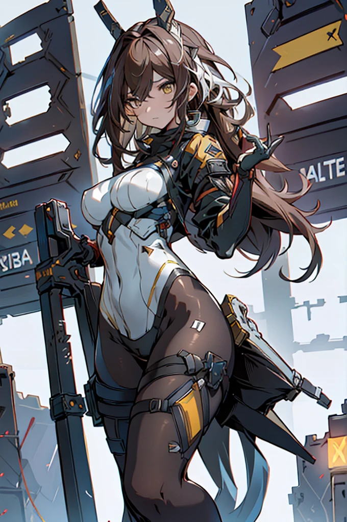 Lonely adult girl, Waist-length light brown hair, , Golden Eyes, Yellow Eyes, Beautiful Face, masterpiece, Highest quality, Expressive eyes, Perfect Face, Forehead protector, Short Heat Sword, , White rubber skin-tight suit, Yellow gloves, Full leg white stockings, Exposed breasts , SF City , An adult face with attention to detail, Combat Uniform, High resolution, Ultra Sharp, She stands confidently in the center of the poster, shooting pose,Explosion effect, There was a look of determination on her face.。backgroundは暗くてざらざらしている,There is a sense of danger and strong emotions。The article is bold and eye-catching,With catchy slogans,Increase overall drama and excitement。The color palette is dominated by dark colors.,Dotted with vibrant color lakes, the poster is dynamic and visually striking,(magazine:1.3), (Cover Style:1.3), fashion, Vibrant, Costume, Strike a Pose, front, Rich colors,background,Elements of the,Confident,express,Halter,statement,Attachmentajestic,coil,The surrounding area,Touching the genitals,scene,article,cover,Boldness,to attract attention,title,fashion,Font,,The best quality at its best,Hyper Detail,8K ,Hyper HD