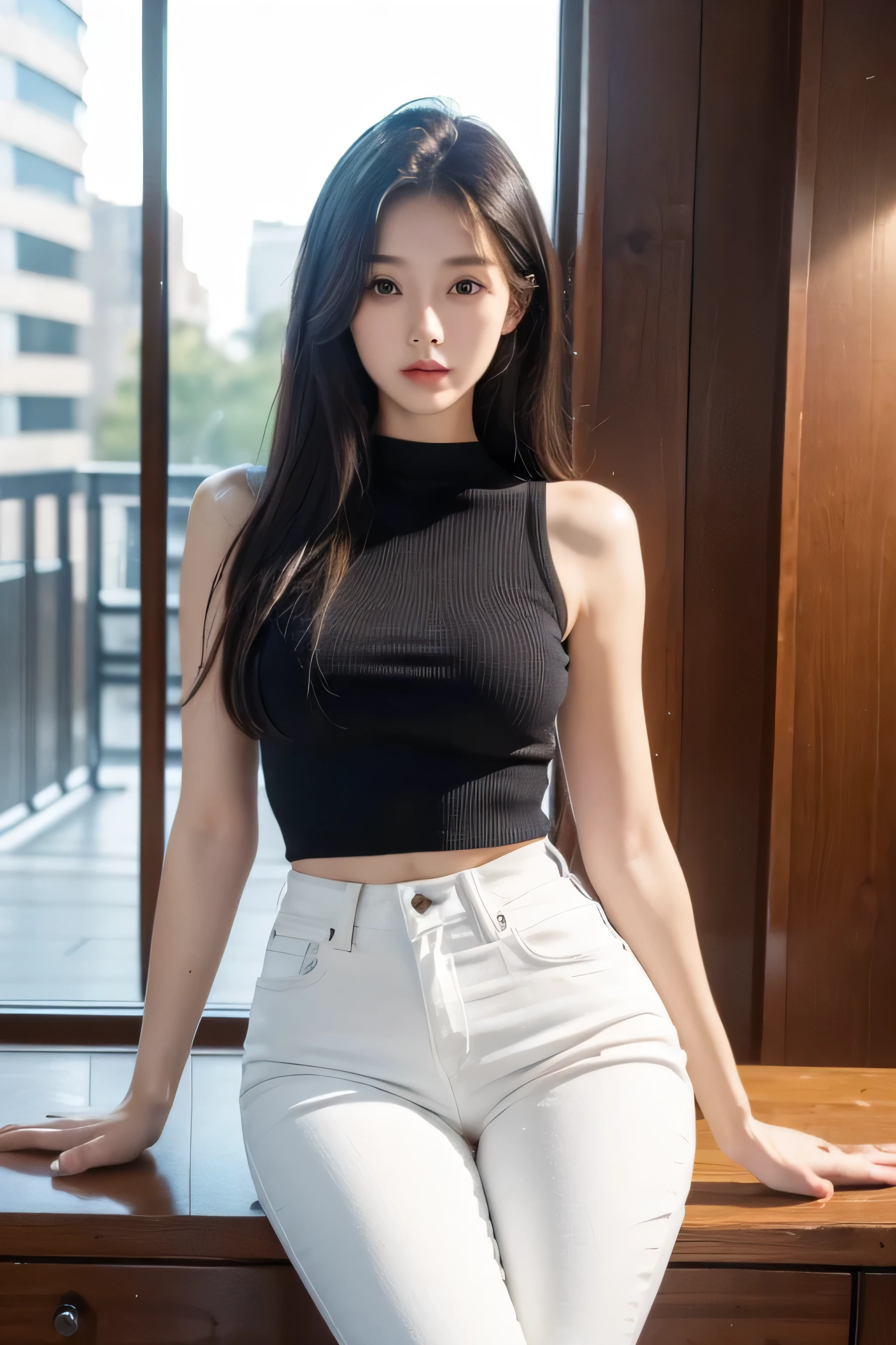 highly detailed face and body, 8k, masterpiece, 21 years old, model, tall, perfect body, passionate and cute look, seductive look, long black hair, black eyes, knit top with white high waisted denim pants, small firm breasts, light skin, sitting on table, cameltoe