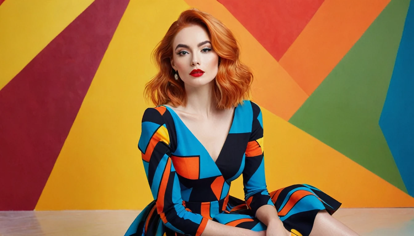 A panoramic photo featuring a woman sitting in front of a colorful, abstract background. She has shoulder-length, slightly wavy, bright orange hair that falls over her shoulders. Her face is delicate and even, with perfectly applied eye makeup and red lips. She looks directly at the camera with a pensive expression. The woman is wearing a striking, colorful dress in the style of abstract expressionism. The dress is made up of geometric shapes in bold colors like yellow, red, blue, and black. The dress has long sleeves and appears to reach her knees. Her left hand supports her face while her right arm rests loosely on her lap. The background consists of large abstract color fields in similar colors to the dress. These color fields are irregularly shaped and resemble a large-scale painting. The colors in the background harmonize with those of the dress, creating a visual connection between the woman and the background. The lighting in the image is soft and even, highlighting the woman.
