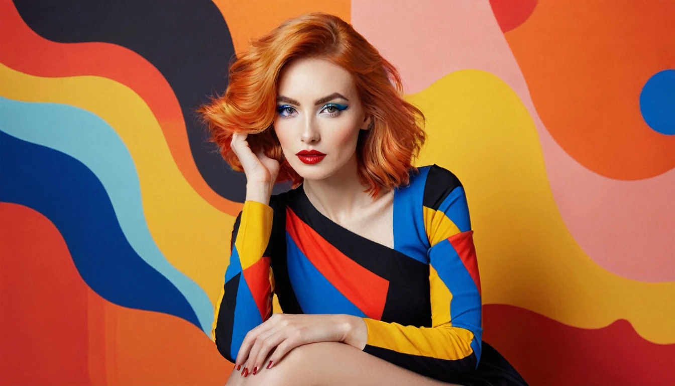 A panoramic photo featuring a woman sitting in front of a colorful, abstract background. She has shoulder-length, slightly wavy, bright orange hair that falls over her shoulders. Her face is delicate and even, with perfectly applied eye makeup and red lips. She looks directly at the camera with a pensive expression. The woman is wearing a striking, colorful dress in the style of abstract expressionism. The dress is made up of geometric shapes in bold colors like yellow, red, blue, and black. The dress has long sleeves and appears to reach her knees. Her left hand supports her face while her right arm rests loosely on her lap. The background consists of large abstract color fields in similar colors to the dress. These color fields are irregularly shaped and resemble a large-scale painting. The colors in the background harmonize with those of the dress, creating a visual connection between the woman and the background. The lighting in the image is soft and even, highlighting the woman.