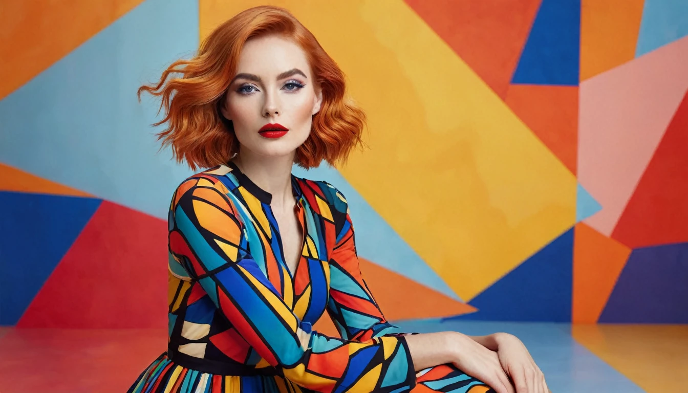 A panoramic photo featuring a woman sitting in front of a colorful, abstract background. She has shoulder-length, slightly wavy, bright orange hair that falls over her shoulders. Her face is delicate and even, with perfectly applied eye makeup and red lips. She looks directly at the camera with a pensive expression. The woman is wearing a striking, colorful dress in the style of abstract expressionism. The dress is made up of geometric shapes in bold colors like yellow, red, blue, and black. The dress has long sleeves and appears to reach her knees. Her left hand supports her face while her right arm rests loosely on her lap. The background consists of large abstract color fields in similar colors to the dress. These color fields are irregularly shaped and resemble a large-scale painting. The colors in the background harmonize with those of the dress, creating a visual connection between the woman and the background. The lighting in the image is soft and even, highlighting the woman.