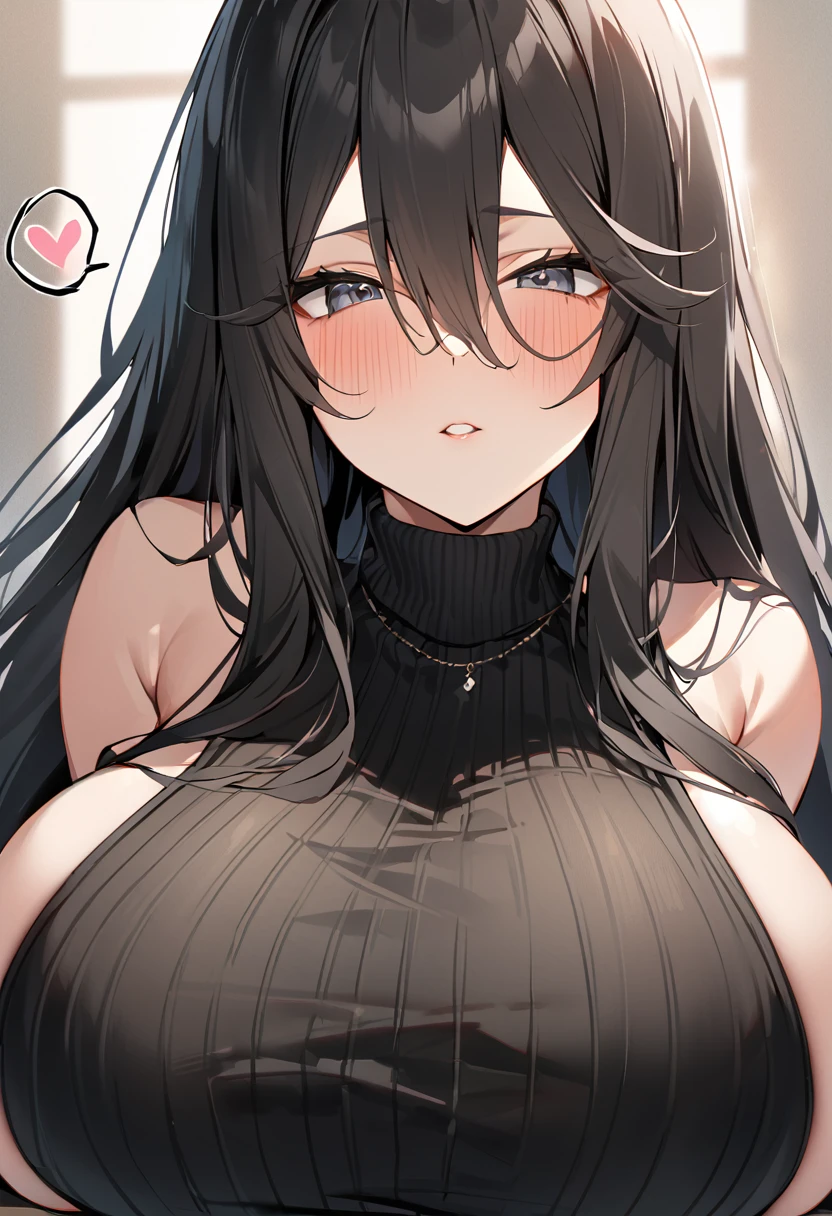Highest quality、4K、8K、high Quality、Shishirabotan、Black knitted clothes、Vertical sweater clothes、Black sweater、Huge breasts:1.5、sagging breast:1.5、1girl、portrait、spoken heart、face focus、straight hair、long hair、Black Hair
