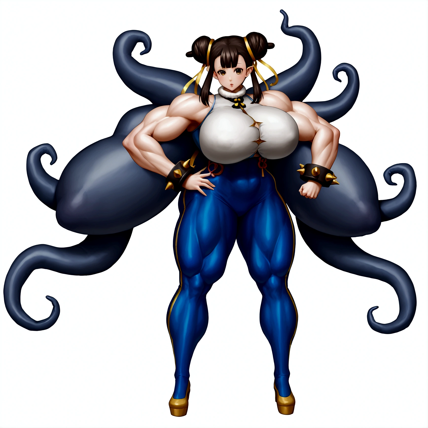 Chunli, ninomae hair, ninomae tentacles, gigantic muscular body, huge breasts, 4 arms, full body.