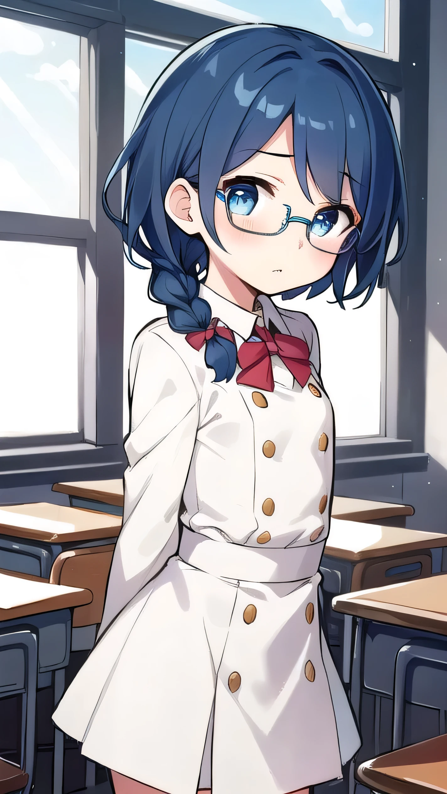 small breasted girl, short, elementary school student, blue hair, single braid, blue eyes, round eyes, shy, shy, classroom, short, young face, short height, , glasses with no edges,flat chest,