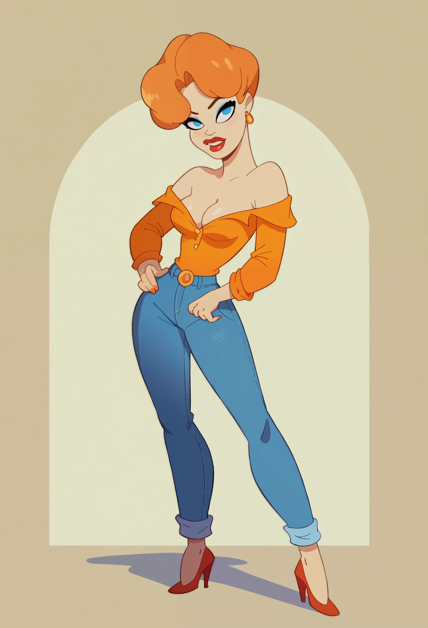 score_9, score_8_up, score_7_up, 
RHRH, 1girl, solo, blue eyes, earrings, breasts, makeup, cowboy hat, cowboy shirt, long sleeves, jeans miniskirt, cowboy shoes, short hair, cleavage, high heels, orange hair, lipstick, bare shoulders,