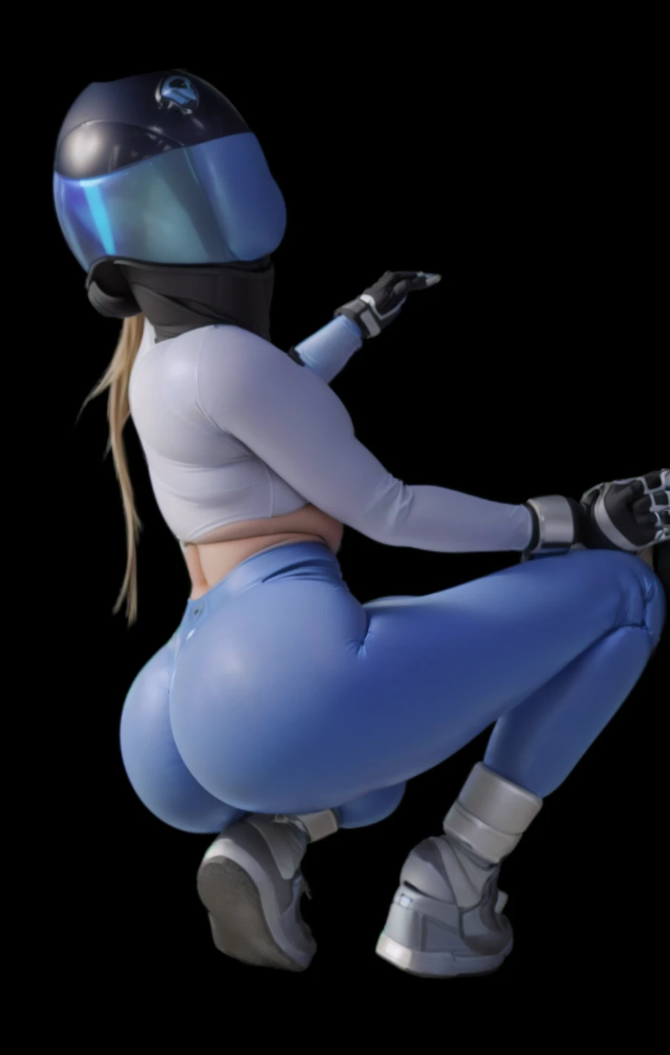 a close up of a person in a helmet and blue pants, thicc, thick smooth warframe thighs, hyper real render, big booty, bending over, 🐎🍑, insanely inflated hips, zero suit samus, sitting on cyberpunk motorbike, blue jeans. unreal 5, character is in her natural pose, thick thigs, toned derriere