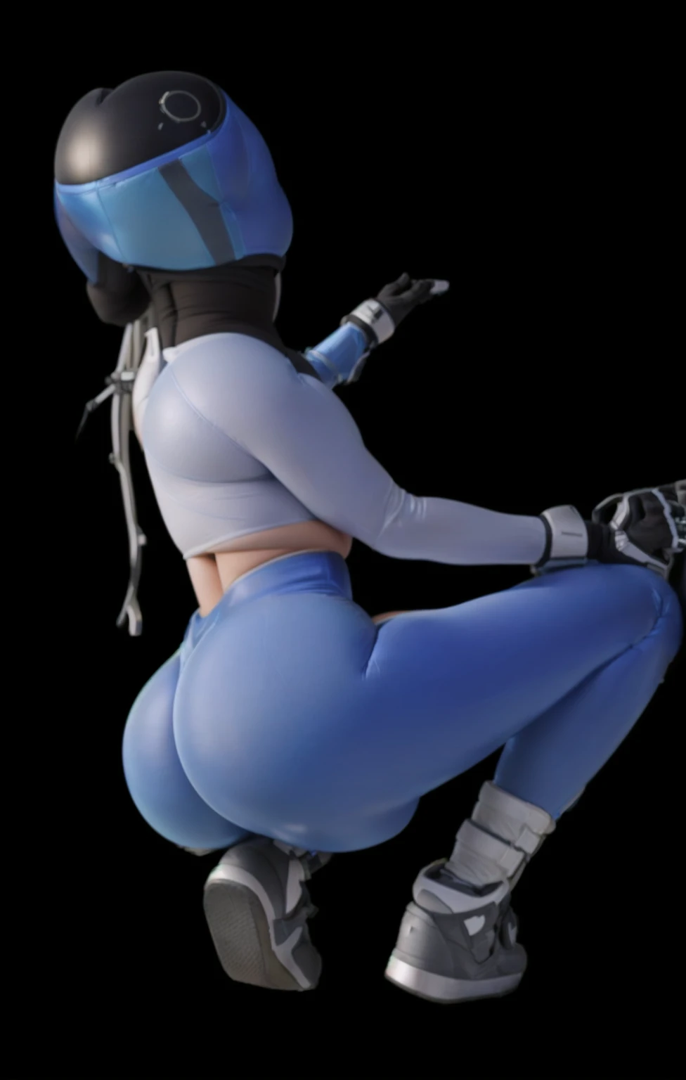 a close up of a person in a helmet and blue pants, thicc, thick smooth warframe thighs, hyper real render, big booty, bending over, 🐎🍑, insanely inflated hips, zero suit samus, sitting on cyberpunk motorbike, blue jeans. unreal 5, character is in her natural pose, thick thigs, toned derriere